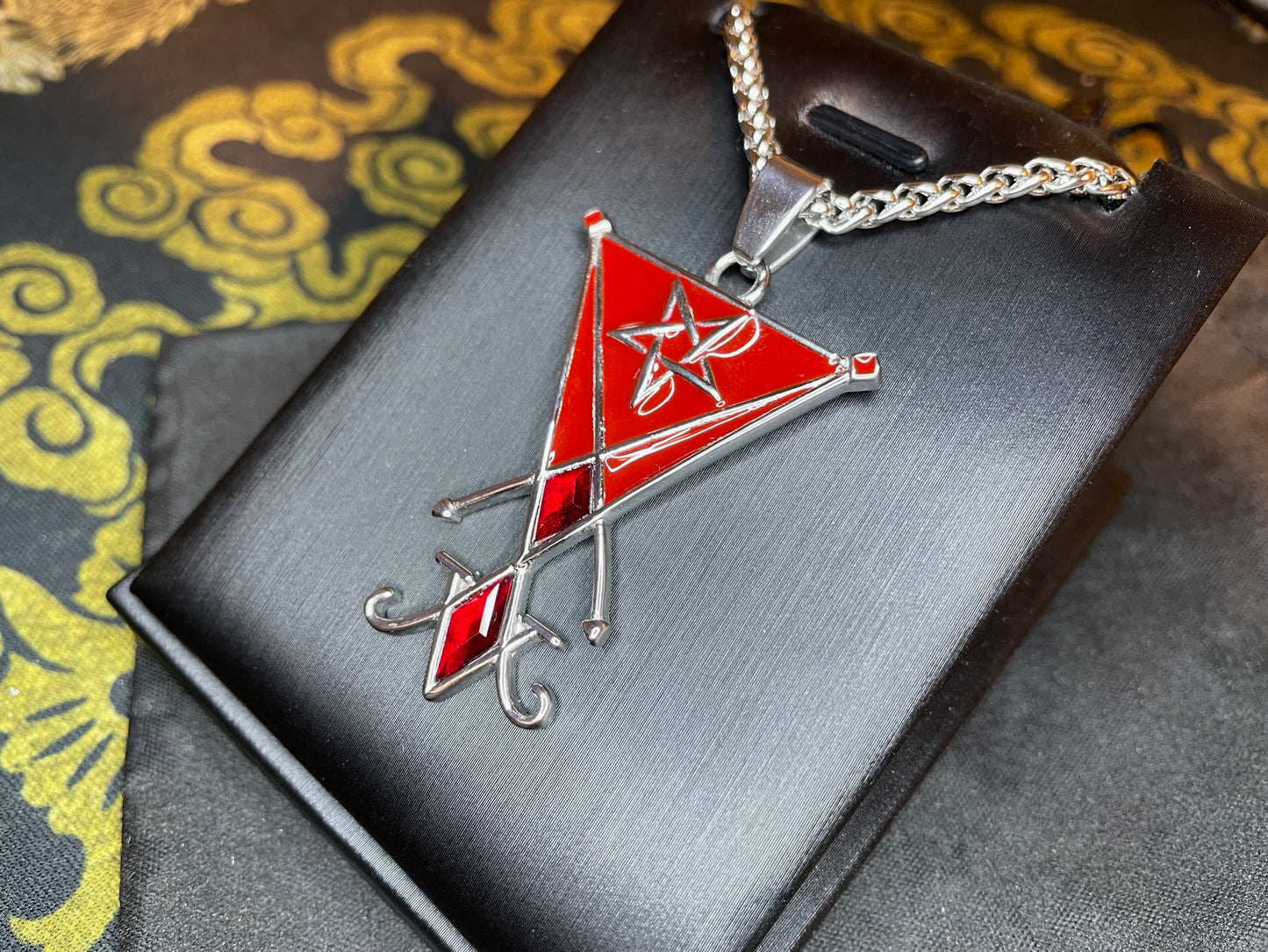 Sigil of Lucifer Seal of Satan Pentagram Stainless Steel Enamel Gemstone Pendant Necklace Satanic Wiccan Occult Jewelry Gift - Red & Silver