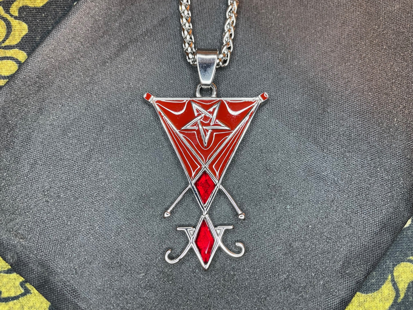 Sigil of Lucifer Seal of Satan Pentagram Stainless Steel Enamel Gemstone Pendant Necklace Satanic Wiccan Occult Jewelry Gift - Red & Silver