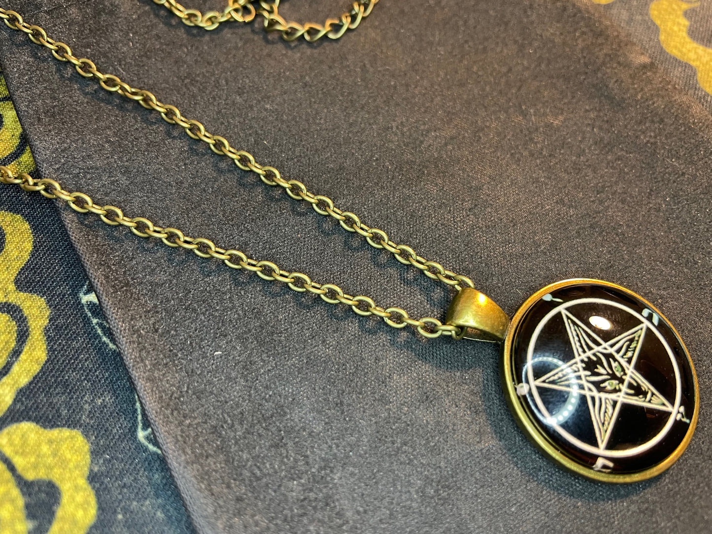 Sigil of Baphomet Pentagram Church of Satan Lucifer Glass Stainless Steel Pendant Necklace Satanic Wiccan Pagan Occult Jewelry Gift - Bronze