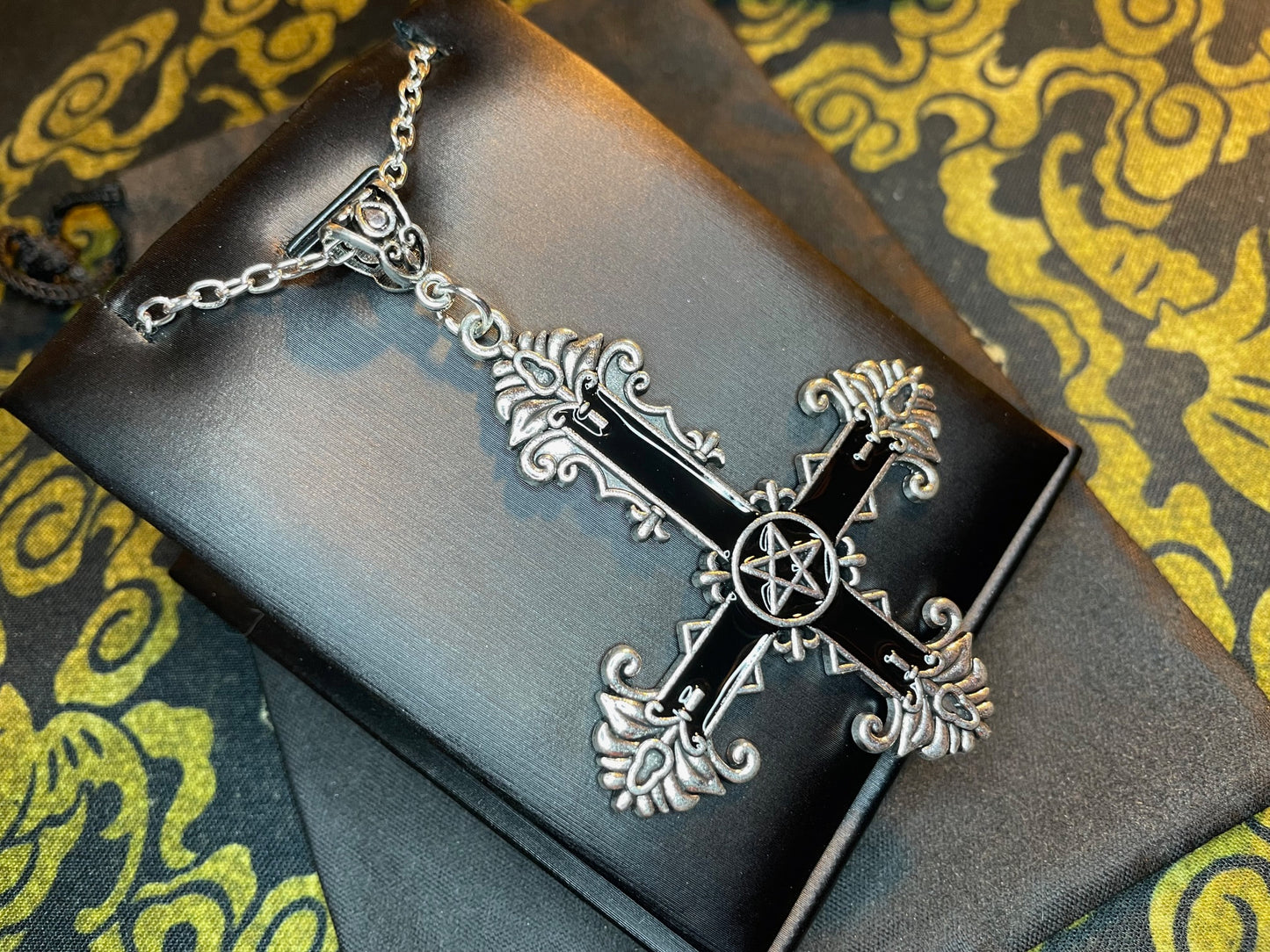 Ornate Black Inverted Upside Down Cross Pentagram Pendant Necklace Retro Vintage Gothic Satanic Pagan Wiccan Occult Jewelry Gift - Silver