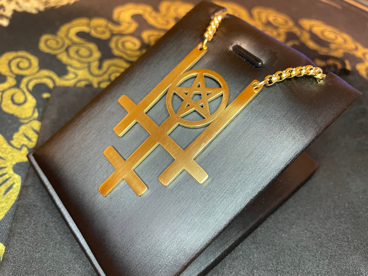 Triple Upside Down Reverse Cross Inverted Pentagram Stainless Steel Pendant Necklace Gothic Pagan Wiccan Satanic Occult Jewelry Gift - Gold