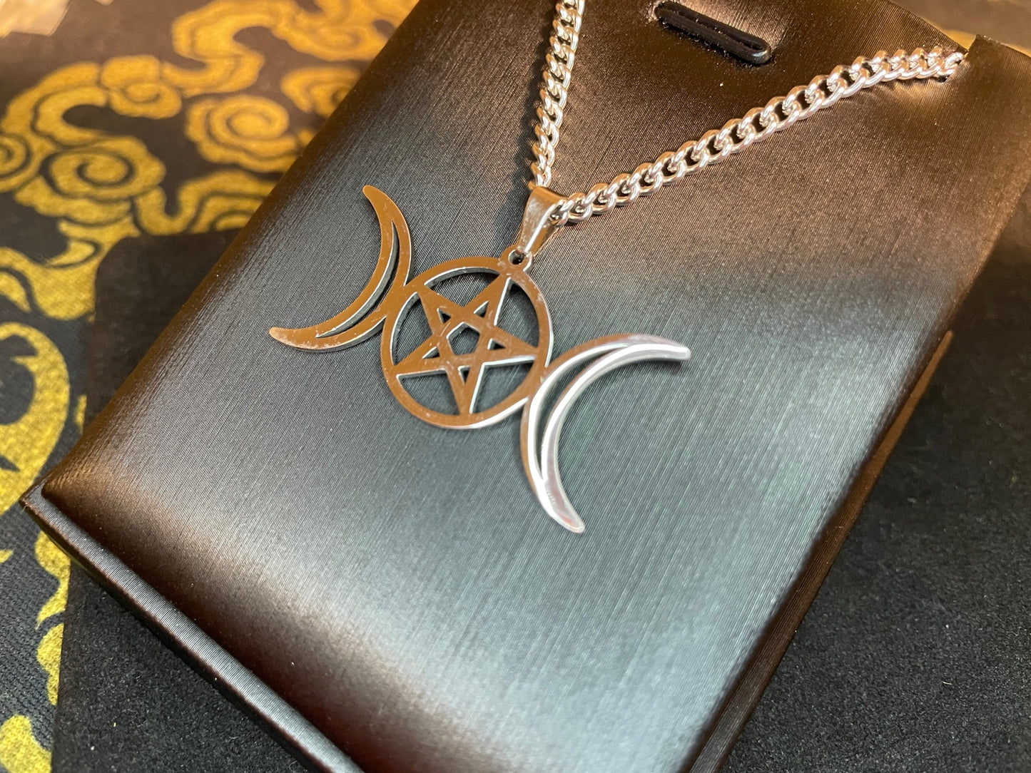 Wiccan Triple Moon Goddess Crescent Moon Pentagram Pentacle Stainless Steel Pendant Necklace Pagan Satanic Occult Jewelry Gift - Silver