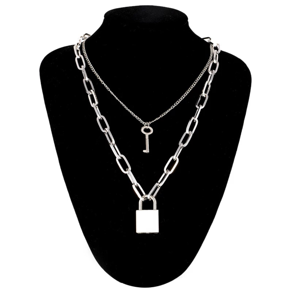 Padlock & Key Stainless Steel Lock Chain Link Dual Pendant Lover Necklace Punk Edgy Grunge Gothic Pagan Satanic Occult Jewelry Gift - Silver