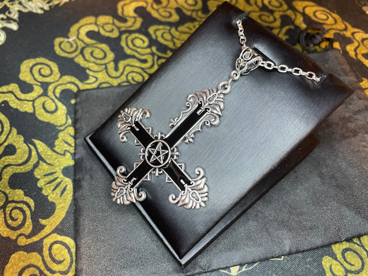 Ornate Black Inverted Upside Down Cross Pentagram Pendant Necklace Retro Vintage Gothic Satanic Pagan Wiccan Occult Jewelry Gift - Silver