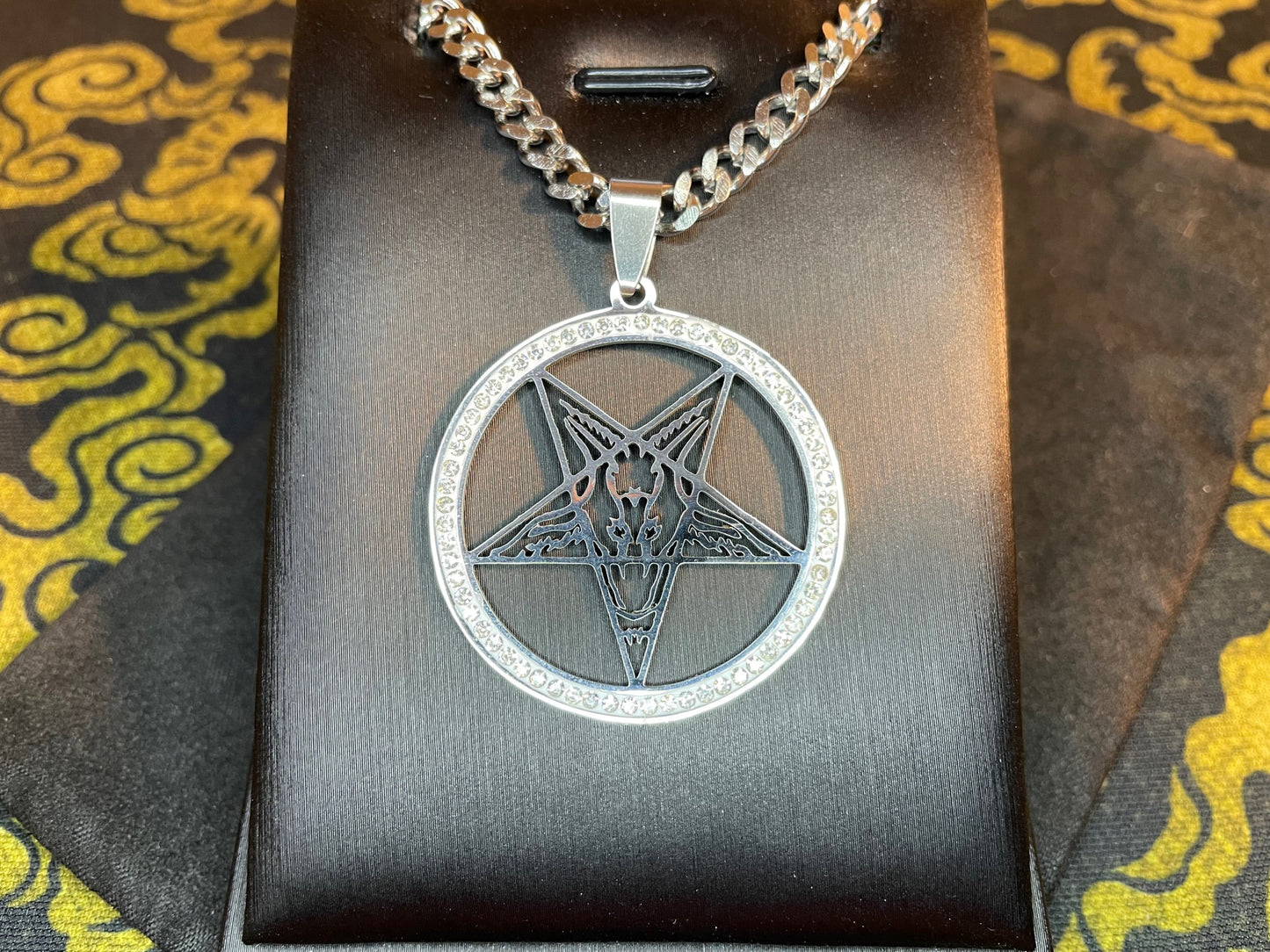 Sigil of Baphomet Church of Satan Upside Down Inverted Pentagram Stainless Steel Pendant Necklace Satanic Occult Jewelry - Silver & Diamond