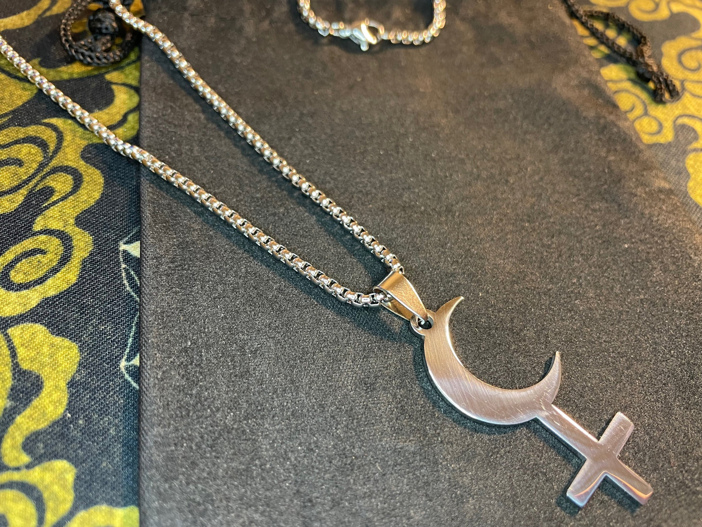 Lilith Symbol Crescent Moon Inverted Upside Down Cross Stainless Steel Necklace Gothic Pagan Satanic Wiccan Occult Jewelry Gift - Silver