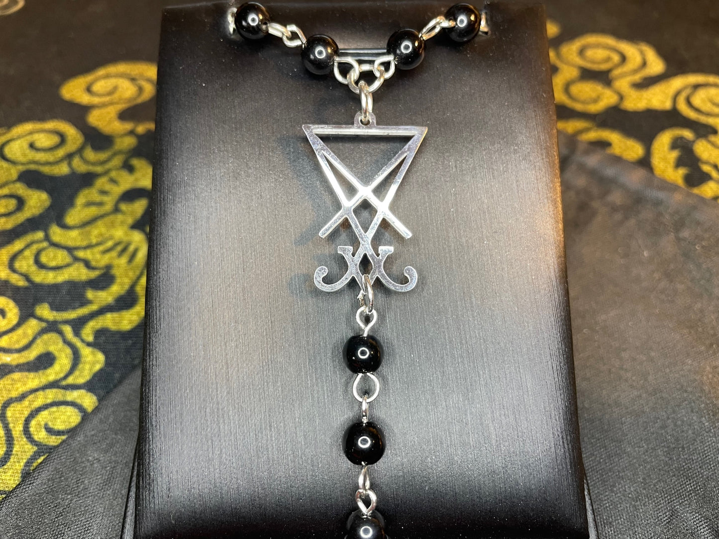 Satanic Rosary Sigil of Lucifer Demon Goddess Lilith Seal Pendant Necklace Small Bead Pagan Wiccan Occult Jewelry Best Gift - Silver & Black