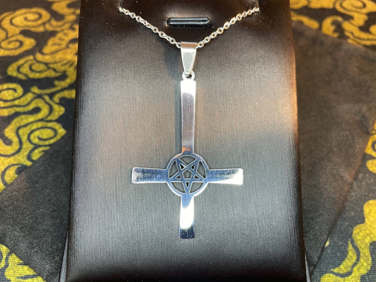 Upside Down Cross Inverted Pentagram Stainless Steel Pendant Necklace Modern Gothic Wiccan Pagan Satanic Church Occult Jewelry Gift - Silver