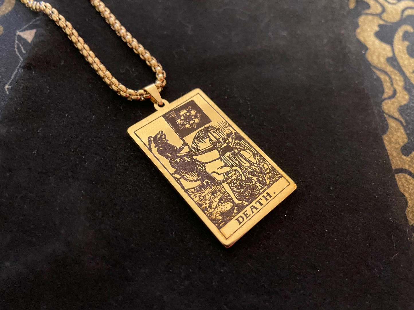 Death Tarot Card Necklace Rider Waite Deck Laser Engraved Stainless Steel Pendant Gothic Pagan Wiccan Satanic Occult Accessory Gift - Gold