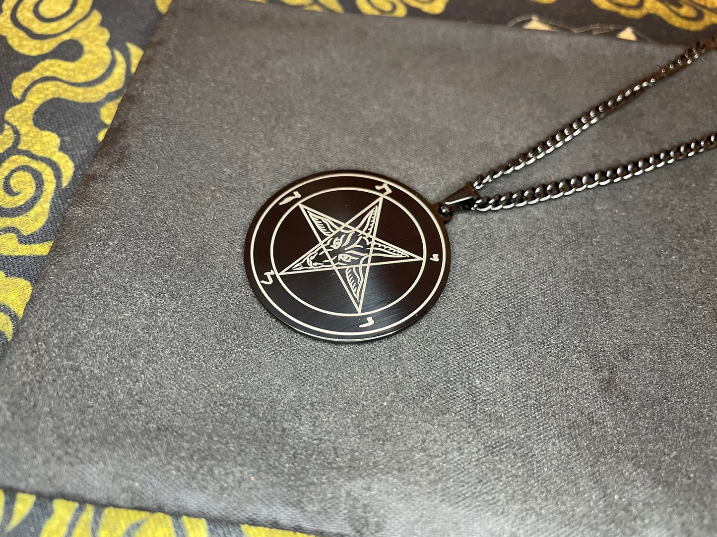 Sigil of Baphomet Official Church of Satan Inverted Upside Down Pentagram Necklace Pagan Wiccan Satanic Occult Jewelry Gift - Black & Gold