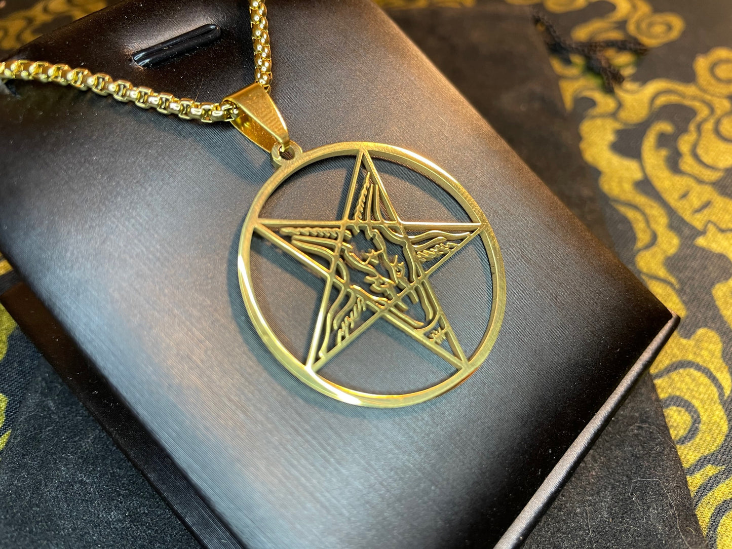 Sigil of Baphomet Satanic Church Upside Down Inverted Pentagram Stainless Steel Pendant Necklace Gothic Pagan Occult Jewelry Gift - Gold