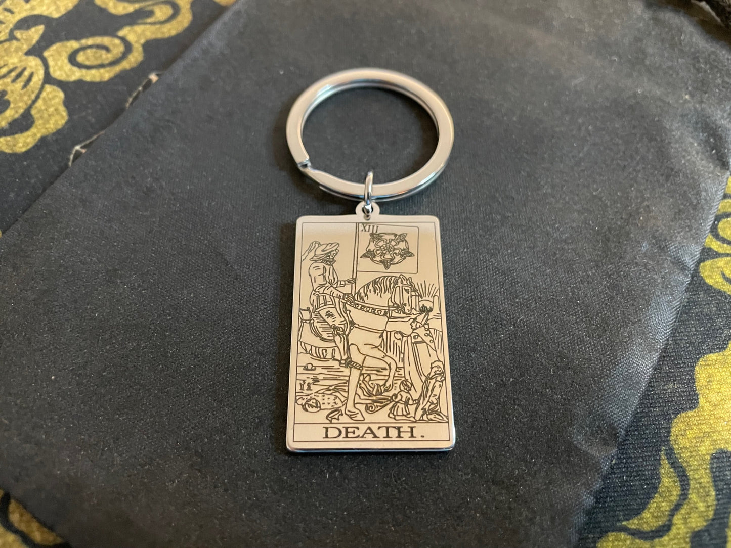 Death Tarot Card Keychain Rider Waite Deck Laser Engraved Stainless Steel Pendant Gothic Pagan Wiccan Satanic Occult Accessory Gift - Silver