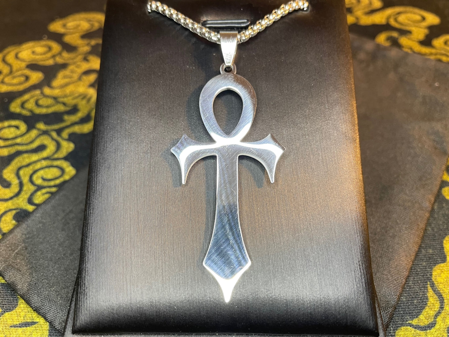 Fanged Egyptian Ankh Cross Key of Life Hieroglyphic Stainless Steel Pendant Necklace Goth Pagan Satanic Wiccan Occult Jewelry Gift - Silver