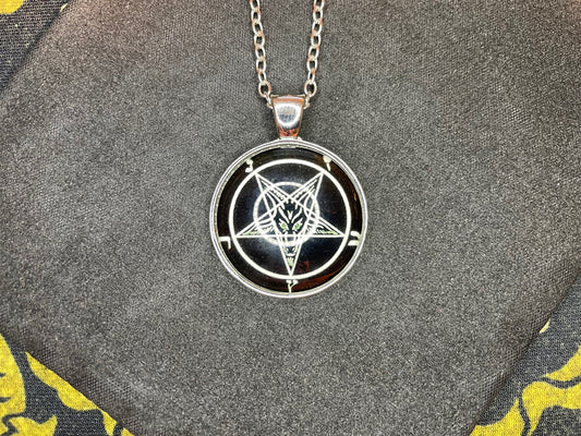 Sigil of Baphomet Pentagram Church of Satan Lucifer Glass Stainless Steel Pendant Necklace Satanic Wiccan Pagan Occult Jewelry Gift - Silver