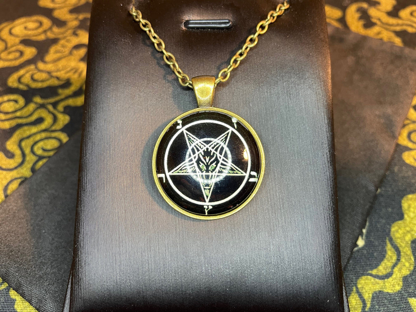 Sigil of Baphomet Pentagram Church of Satan Lucifer Glass Stainless Steel Pendant Necklace Satanic Wiccan Pagan Occult Jewelry Gift - Bronze