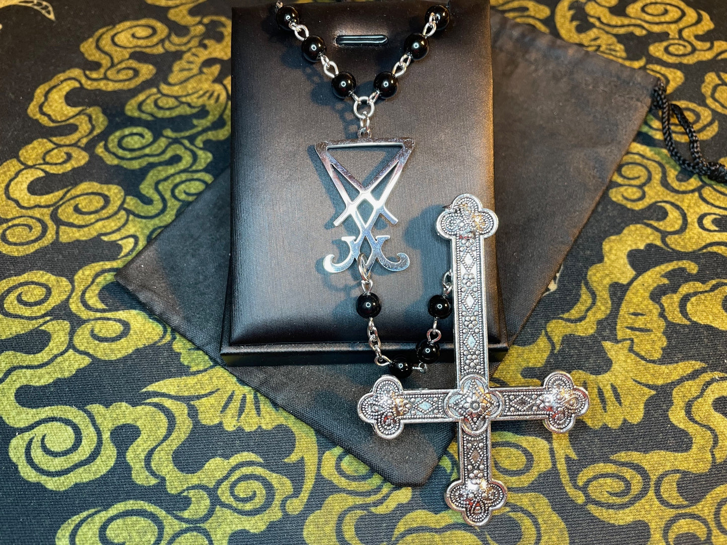 Satanic Rosary Sigil of Lucifer Ornate Upside Down Cross Small Beads Unholy Magic Pagan Wiccan Occult Necklace Jewelry Gift - Silver & Black