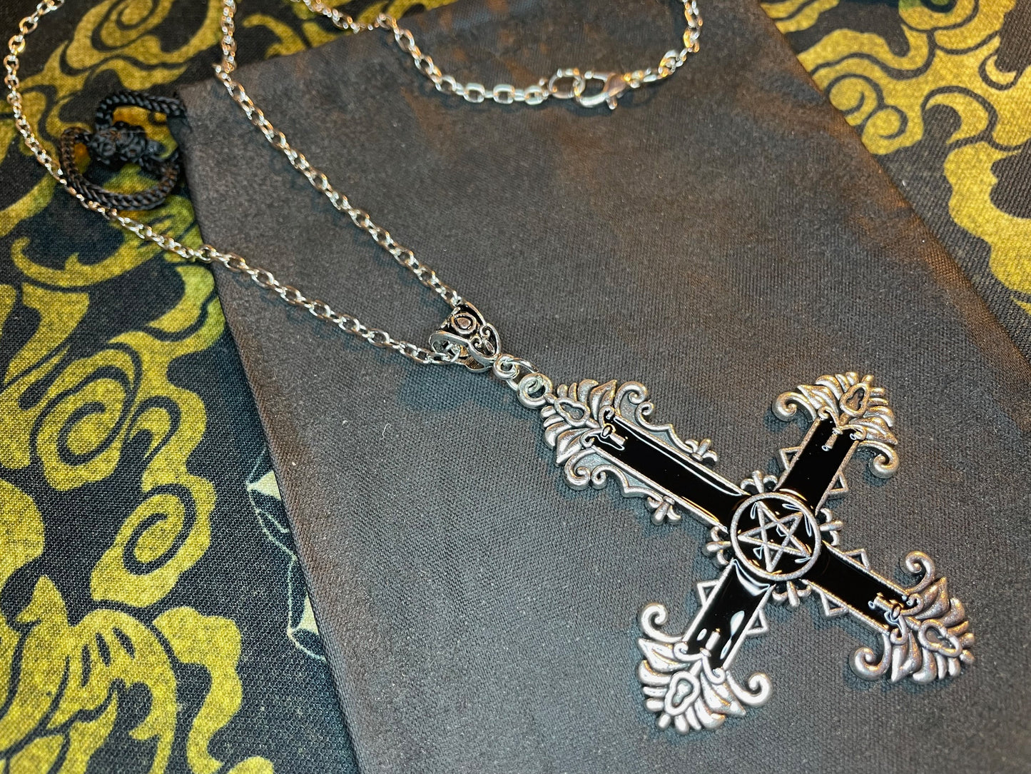 Ornate Black Inverted Upside Down Cross Pentagram Pendant Necklace Retro Vintage Gothic Satanic Pagan Wiccan Occult Jewelry Gift - Silver