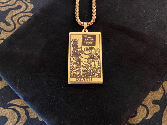 Death Tarot Card Necklace Rider Waite Deck Laser Engraved Stainless Steel Pendant Gothic Pagan Wiccan Satanic Occult Accessory Gift - Gold