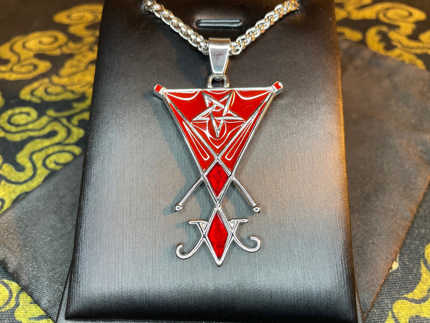 Sigil of Lucifer Seal of Satan Pentagram Stainless Steel Enamel Gemstone Pendant Necklace Satanic Wiccan Occult Jewelry Gift - Red & Silver