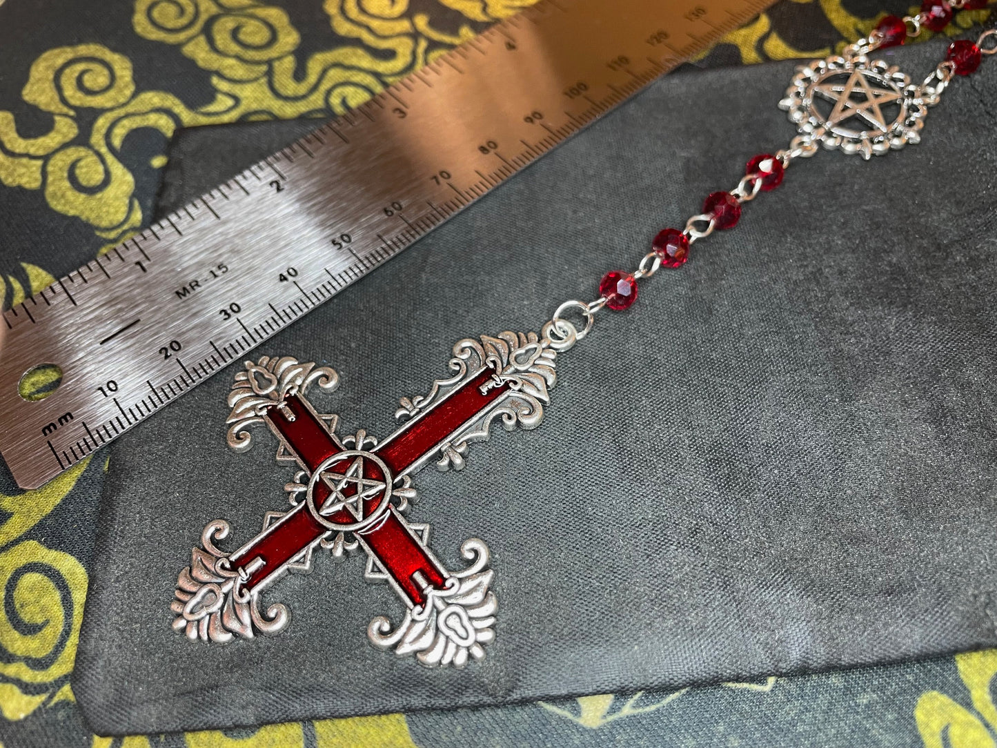 Satanic Rosary Inverted Pentagram Ornate Upside Down Cross 666 Stainless Steel Pendant Wiccan Occult Necklace Jewelry Gift - Silver & Red