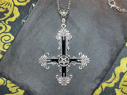 Ornate Black Inverted Upside Down Cross Pentagram Pendant Necklace Retro Vintage Gothic Satanic Pagan Wiccan Occult Jewelry Gift - Silver