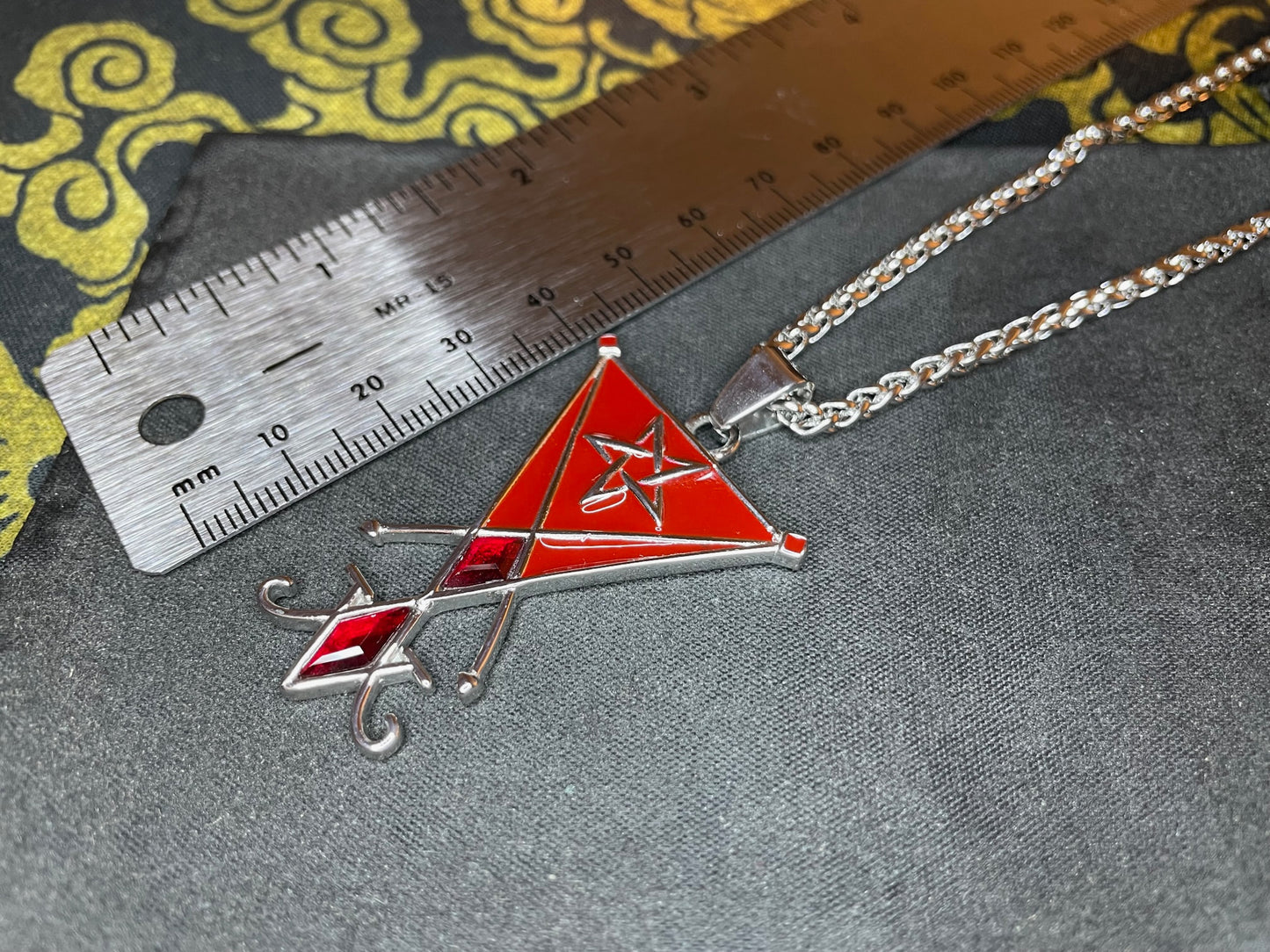 Sigil of Lucifer Seal of Satan Pentagram Stainless Steel Enamel Gemstone Pendant Necklace Satanic Wiccan Occult Jewelry Gift - Red & Silver