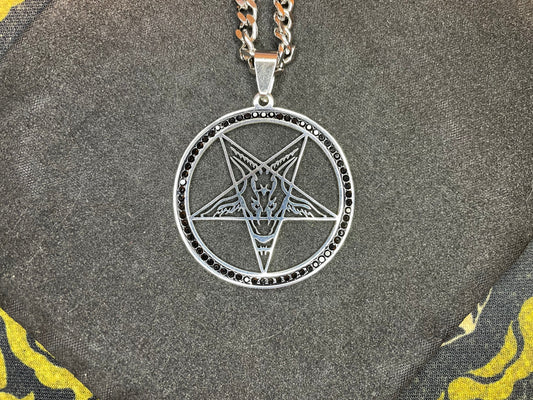 Sigil of Baphomet Church of Satan Upside Down Inverted Pentagram Stainless Steel Pendant Necklace Satanic Jewelry - Silver & Black Diamond