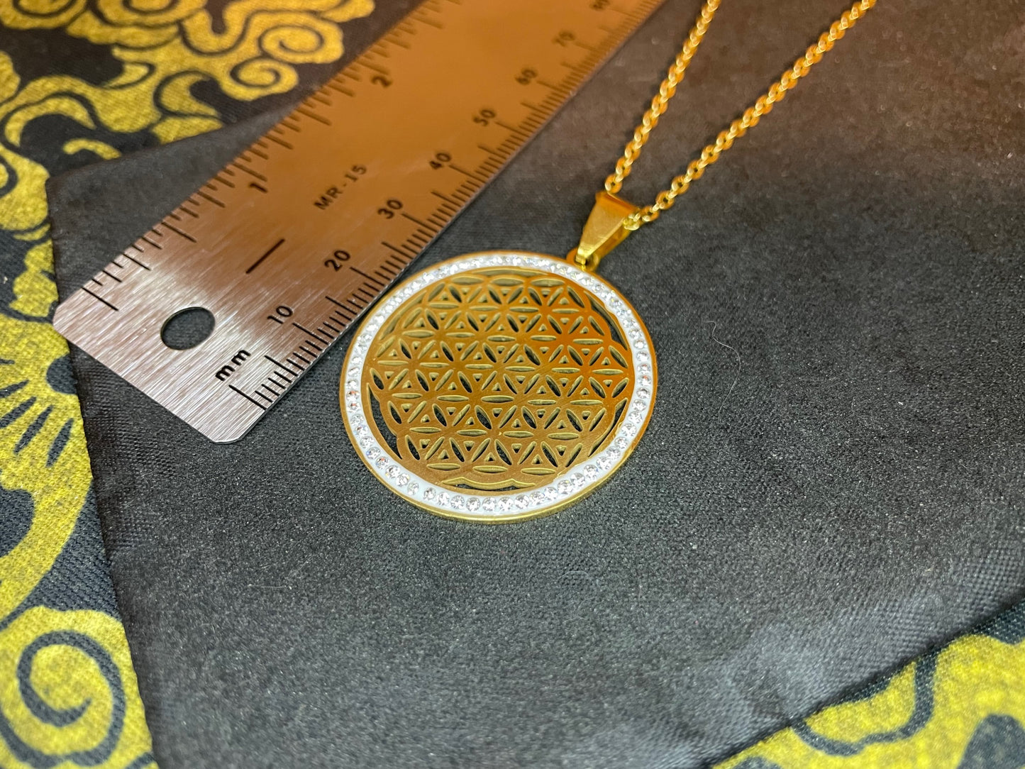 Flower of Life Sacred Geometry Yoga Hindu Buddhism Stainless Steel Pendant Necklace Pagan Occult Jewelry Best Gift - Gold & White Diamond