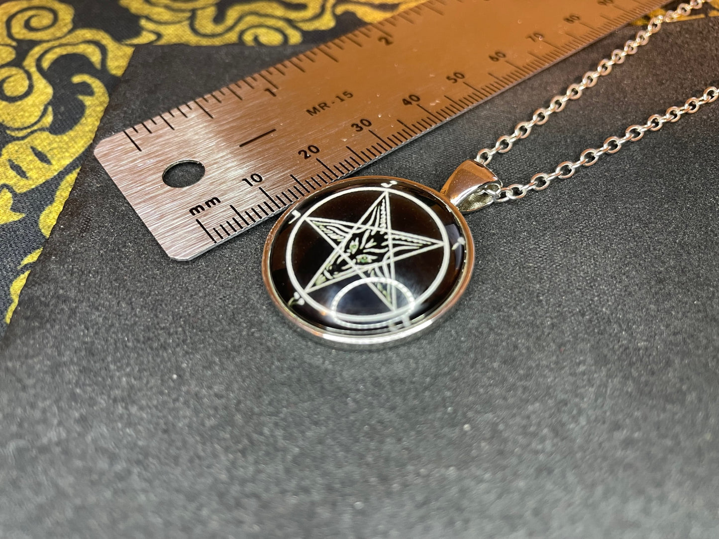 Sigil of Baphomet Pentagram Church of Satan Lucifer Glass Stainless Steel Pendant Necklace Satanic Wiccan Pagan Occult Jewelry Gift - Silver