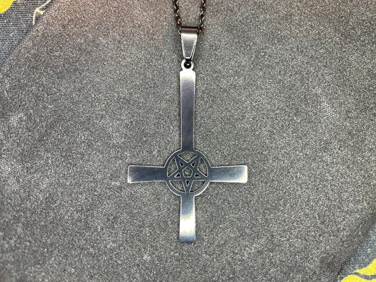 Upside Down Cross Inverted Pentagram Stainless Steel Pendant Necklace Modern Gothic Wiccan Pagan Satanic Church Occult Jewelry Gift - Black