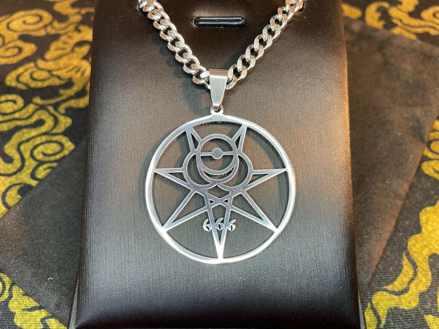 Aleister Crowley Seal 7-Pointed Star 666 Thelema Symbol Stainless Steel Pendant Necklace Satanic Wiccan Pagan Occult Jewelry Gift - Silver