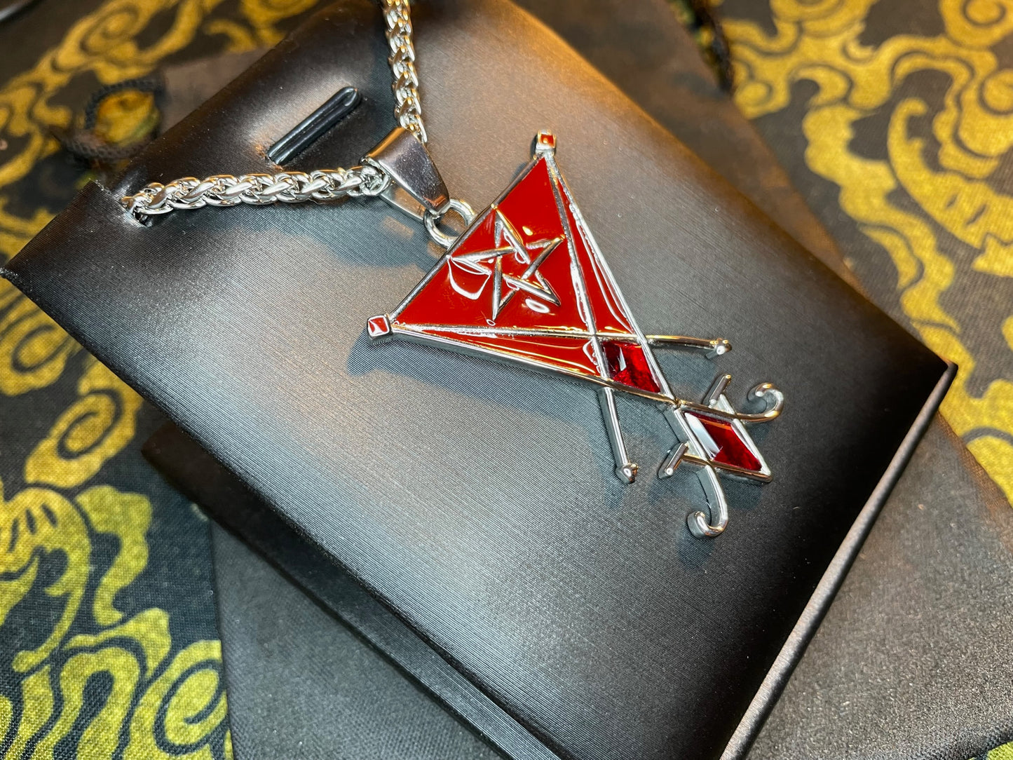 Sigil of Lucifer Seal of Satan Pentagram Stainless Steel Enamel Gemstone Pendant Necklace Satanic Wiccan Occult Jewelry Gift - Red & Silver