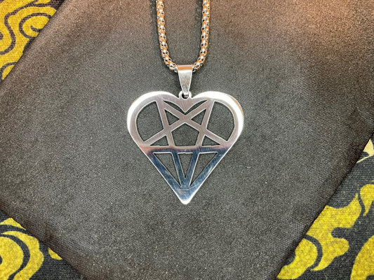 Satan's Heart Inverted Pentagram Feminine Masculine Duality Stainless Steel Pendant Necklace Gothic Wiccan Pagan Satanic Jewelry - Silver