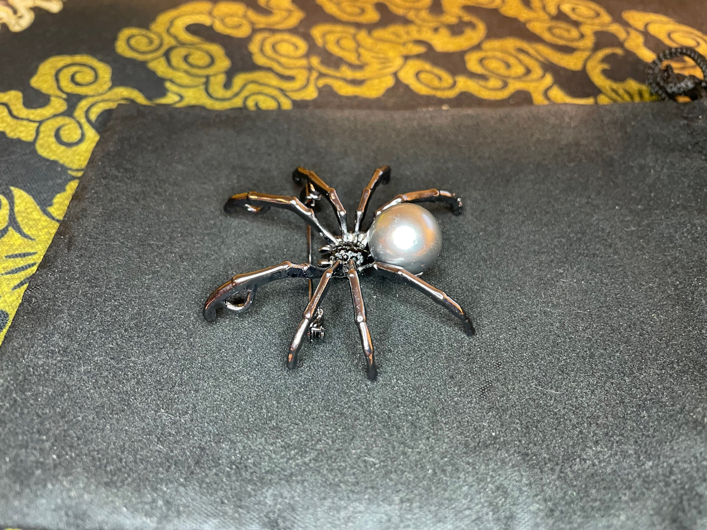 Black Pearl Diamond Encrusted Venomous Widow Spider Web Stainless Steel Lapel Pin Brooch Corsage Satanic Gothic Pagan Wiccan Gift - Silver