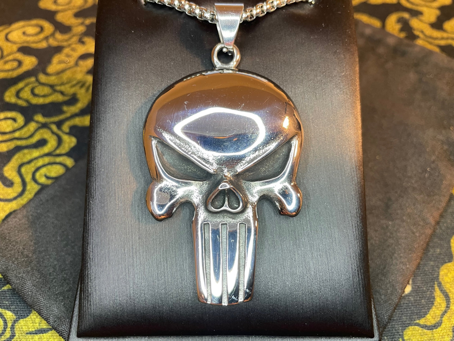 Punisher Skull Pendant Necklace Stainless Steel Skeleton Death Ghost Biker Punk Gothic Wiccan Satanic Church Occult Jewelry Gift - Silver