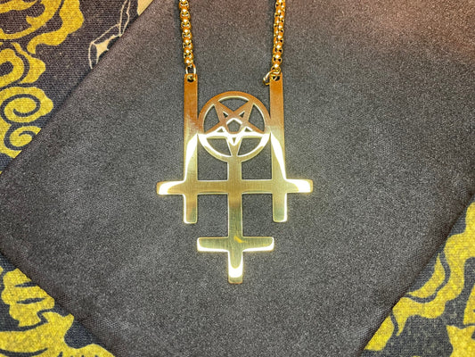 Triple Upside Down Reverse Cross Inverted Pentagram Stainless Steel Pendant Necklace Gothic Pagan Wiccan Satanic Occult Jewelry Gift - Gold