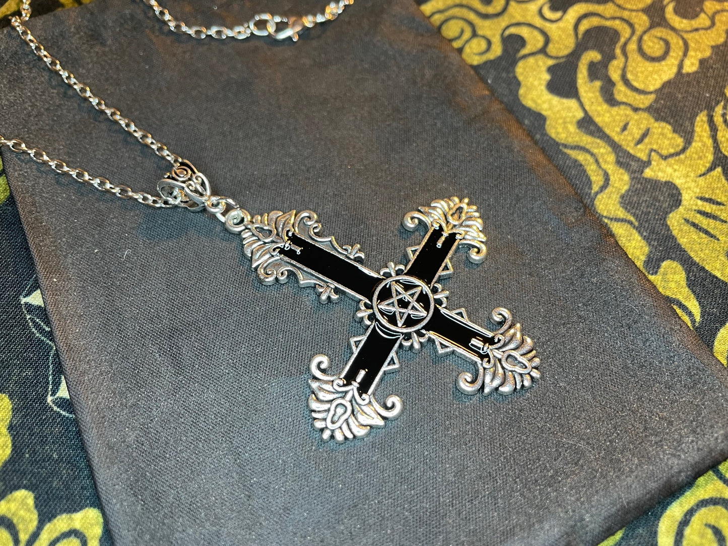 Ornate Black Inverted Upside Down Cross Pentagram Pendant Necklace Retro Vintage Gothic Satanic Pagan Wiccan Occult Jewelry Gift - Silver