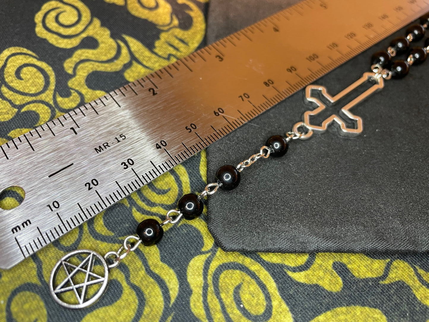 Satanic Rosary Upside Down Inverted Cross Pentagram Pendant Necklace Small Bead Gothic Pagan Wiccan Occult Jewelry Gift - Silver & Black