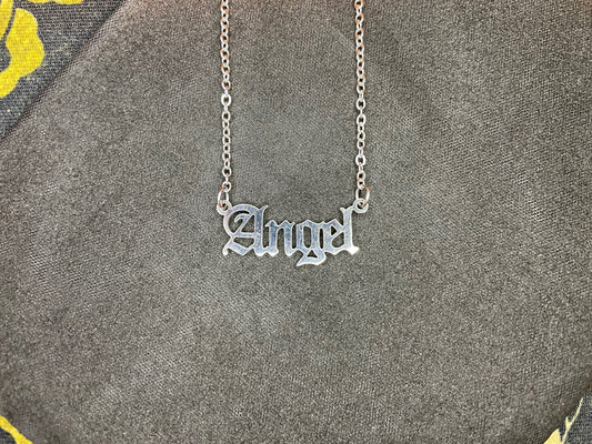 Angel Old English Script Name Stainless Steel Pendant Necklace Punk Biker Hip Hop Gothic Pagan Wiccan Satanic Church Jewelry Gift - Silver