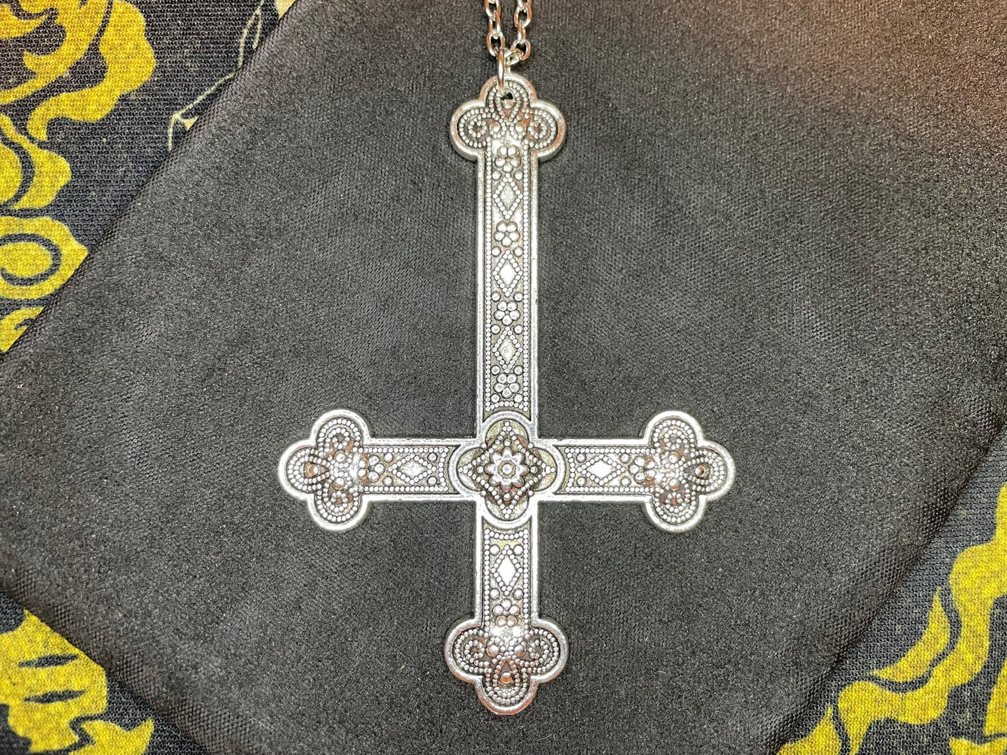 Large Ornate Upside Down Cross Inverted Crucifix Hand-Poured Aluminum Pendant Necklace Gothic Pagan Satanic Witchcraft Wiccan Gift - Silver