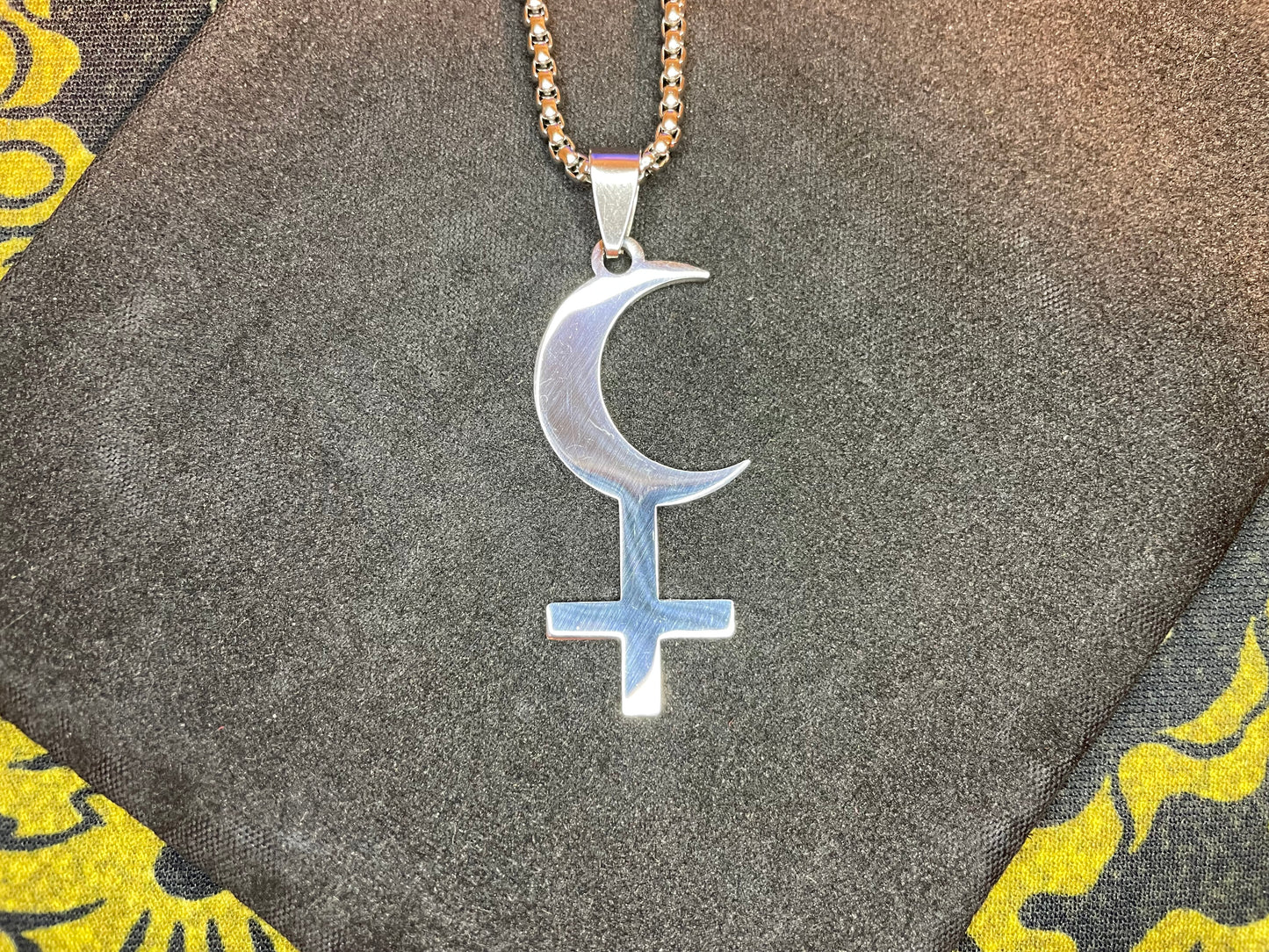 Lilith Symbol Crescent Moon Inverted Upside Down Cross Stainless Steel Necklace Gothic Pagan Satanic Wiccan Occult Jewelry Gift - Silver