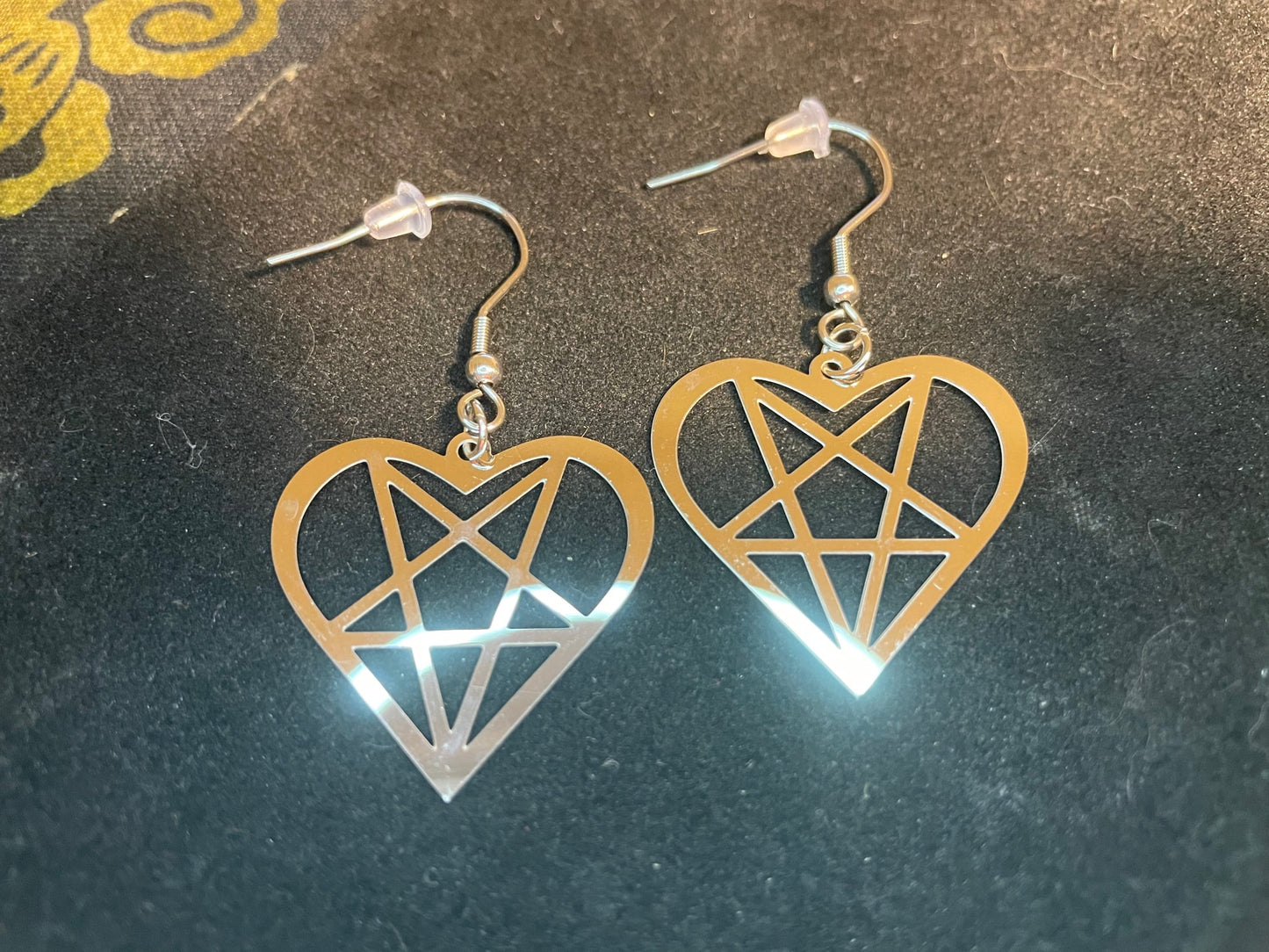 Satan's Heart Heartagram Inverted Pentagram Upside Down Stainless Steel Pendant Earrings Gothic Pagan Satanic Wiccan Best Gift - Silver