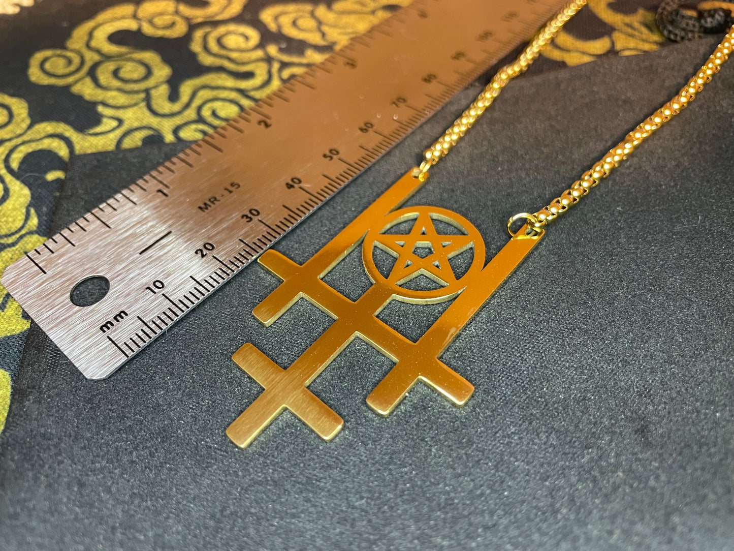 Triple Upside Down Reverse Cross Inverted Pentagram Stainless Steel Pendant Necklace Gothic Pagan Wiccan Satanic Occult Jewelry Gift - Gold