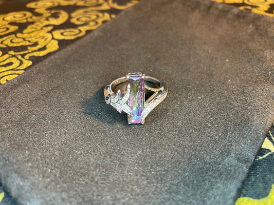 Black Opal Rainbow Prismatic Zircon White Gold Ring Band Gothic Promise Wedding Band Satanic Pagan Wicca Occult Jewelry Best Gift - Women's