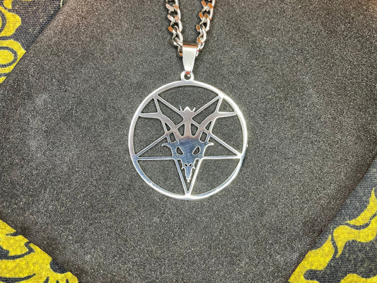 Official Satanic Temple Sigil of Baphomet Inverted Pentagram Stainless Steel Pendant Necklace Gothic Pagan Church of Satan - Silver Color