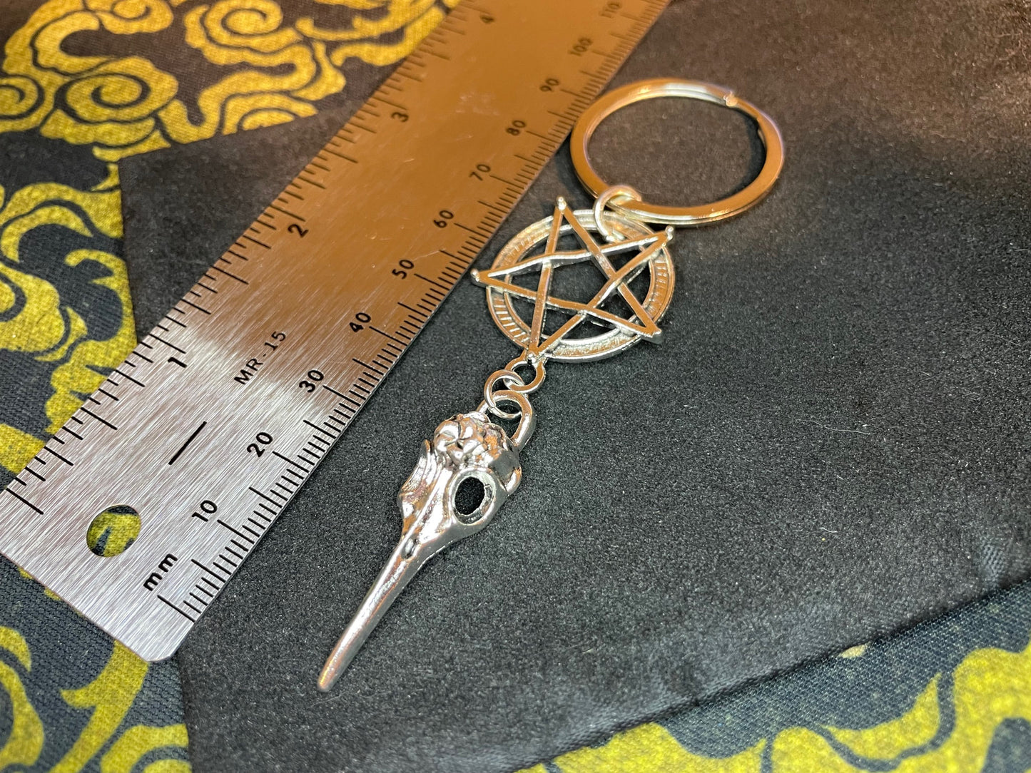 Raven Skull Pentagram Keychain Crow Bird Skeleton Inverted Upside Down Stainless Steel Wiccan Satanic Gothic Pagan Occult Jewelry - Silver