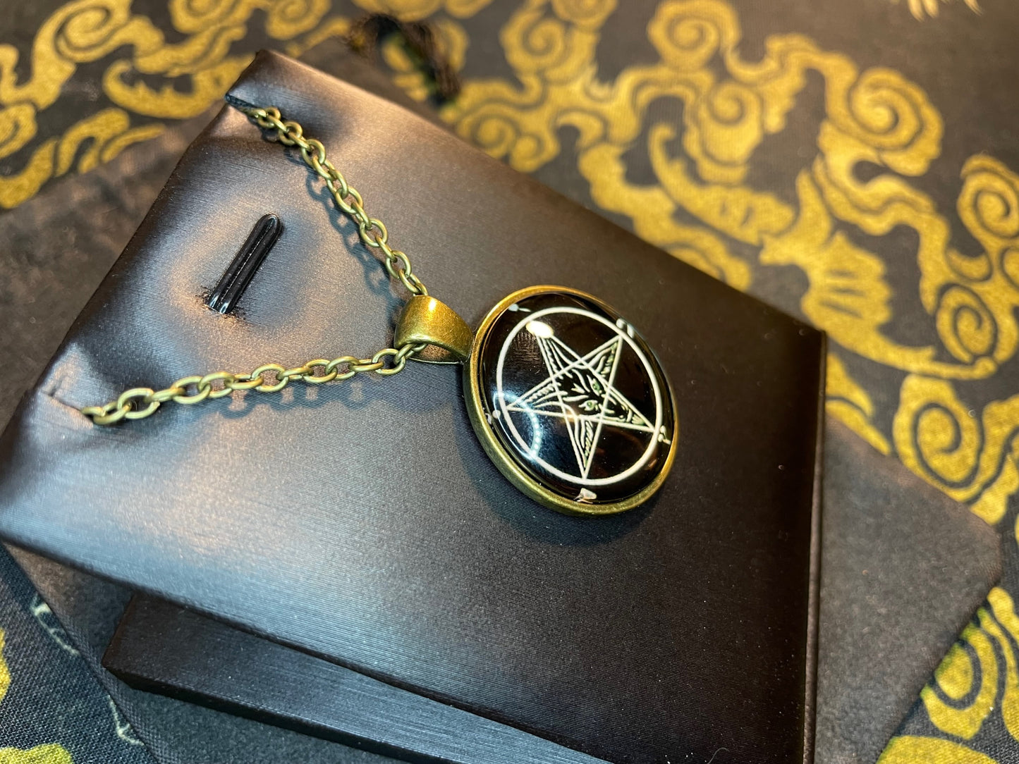 Sigil of Baphomet Pentagram Church of Satan Lucifer Glass Stainless Steel Pendant Necklace Satanic Wiccan Pagan Occult Jewelry Gift - Bronze