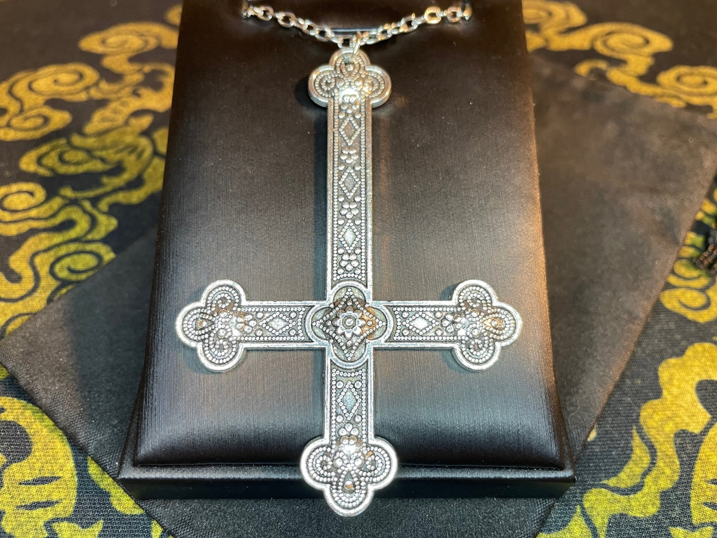 Large Ornate Upside Down Cross Inverted Crucifix Hand-Poured Aluminum Pendant Necklace Gothic Pagan Satanic Witchcraft Wiccan Gift - Silver